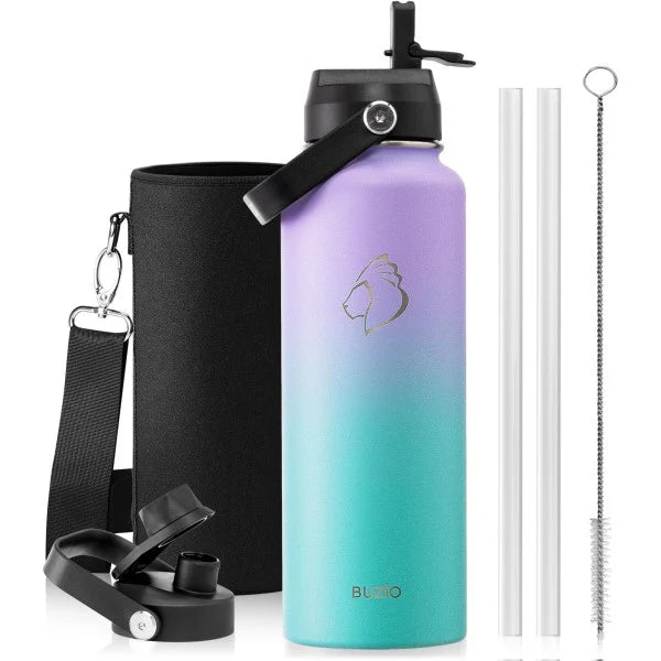 Buzio Duet Series Water Bottle with 2 Lids and Sleeve 1.2L - Purple Green