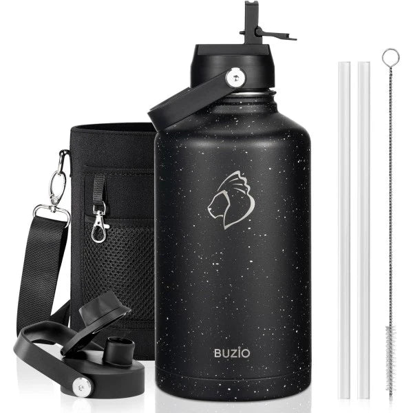 Buzio Duet Series Water Bottle with 2 Lids and Sleeve 1.9L - Starry Black