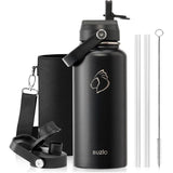 Buzio Duet Series Water Bottle with 2 Lids and Sleeve 1L - Black