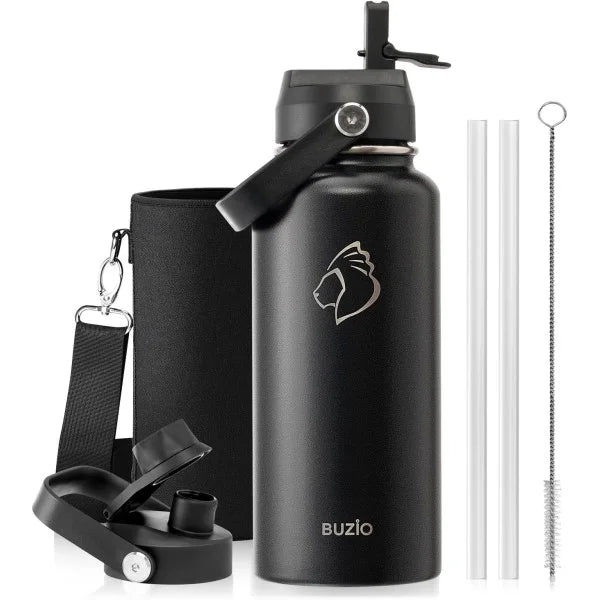 Buzio Duet Series Water Bottle with 2 Lids and Sleeve 1.2L - Black