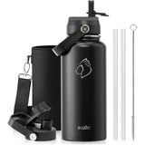 Buzio Duet Series Water Bottle with 2 Lids and Sleeve 1.2L - Black