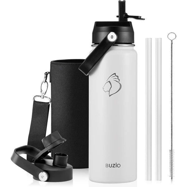 Buzio Duet Series Water Bottle with 2 Lids and Sleeve 700ML - White