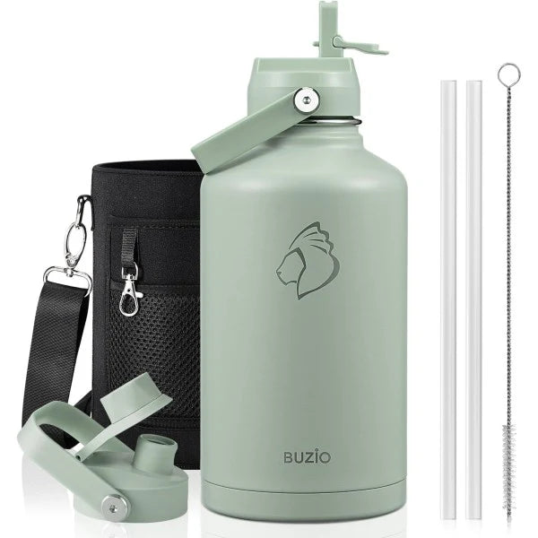 Buzio Duet Series Water Bottle with 2 Lids and Sleeve 1.9L - Green