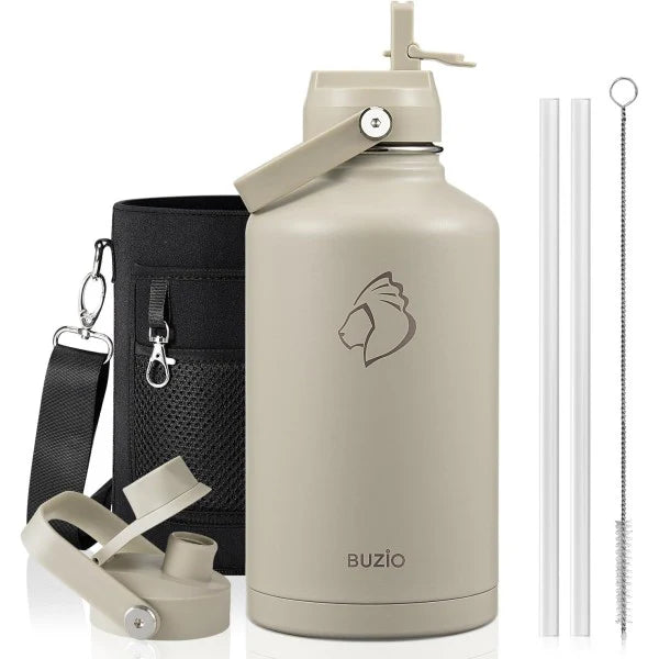 Buzio Duet Series Water Bottle with 2 Lids and Sleeve 1.9L - Beige