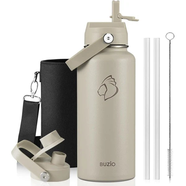 Buzio Duet Series Water Bottle with 2 Lids and Sleeve 1L - Beige