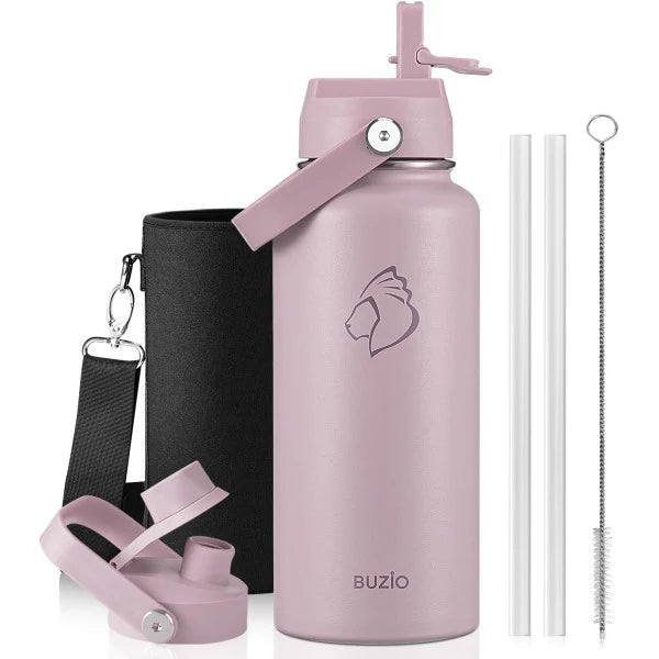Buzio Duet Series Water Bottle with 2 Lids and Sleeve 1L - Purple
