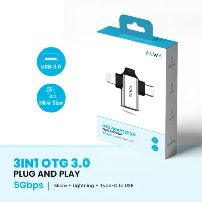 PW-OTG31B30 , PAWA 3IN1 OTG 3.0 Plug And Play 5GBPS MICRO+TYPE C,LIGHTNING