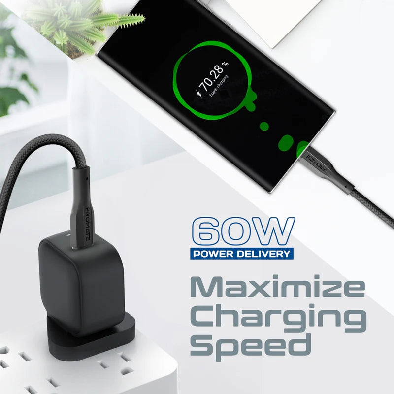 PROMATE 2M Super-Flexible 60W USB-C to USB-C Cable • 2A Standard Charging - Black
