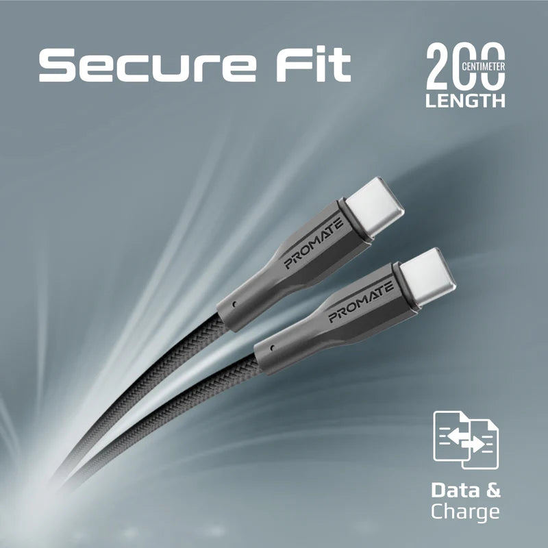 PROMATE 2M Super-Flexible 60W USB-C to USB-C Cable • 2A Standard Charging - Black