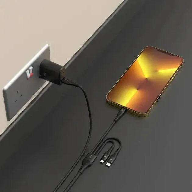 كابل بيانات مضفر بطول 1.2 متر من Pawa-PW-12BD3IN1-BK، USB-A إلى USB-C+Lightning+MicroBlack