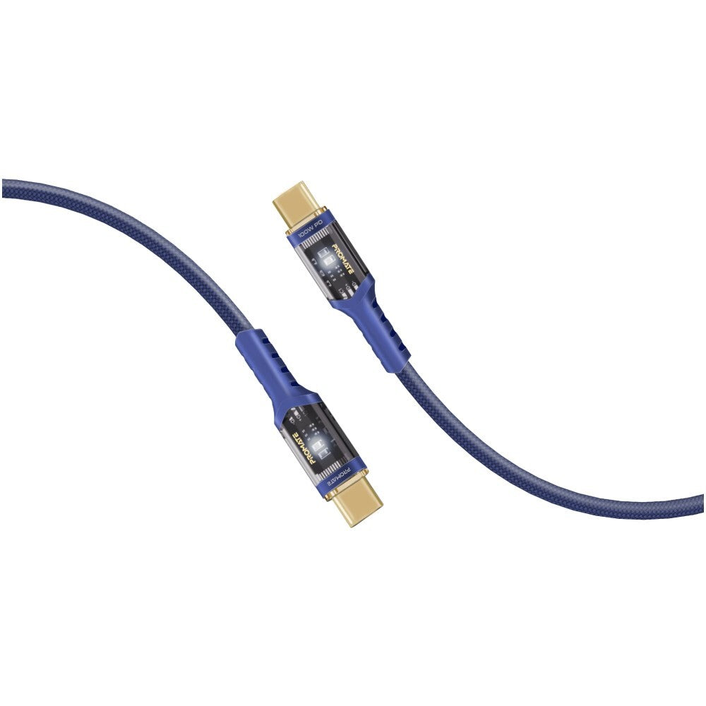 Promate USB-C To USB-C Cable, Fast-Charging 100W Power Delivery Type-C Cable With Transparent Tips