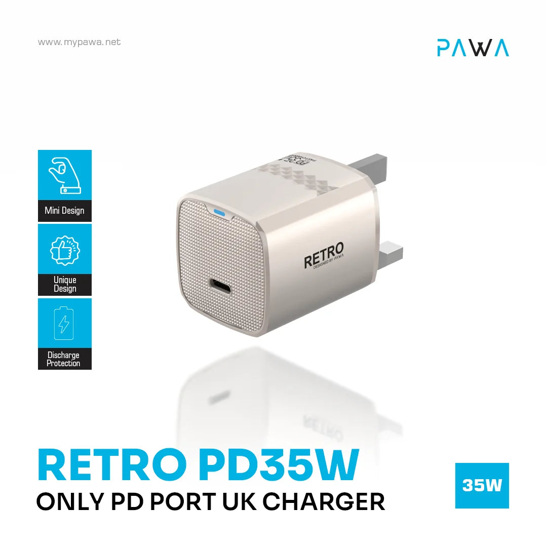 PW-TCRT35UK-TT | قابس باوا ريترو 35 واط بمنفذ Type-C من المملكة المتحدة | تيتانيوم