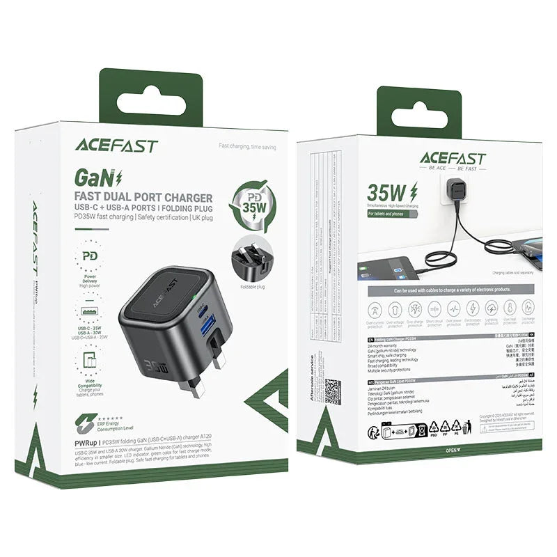 AceFast | 18498 | A120 | PD35W Folding Gan (A+C) Charger Metal Gray| UK | Black