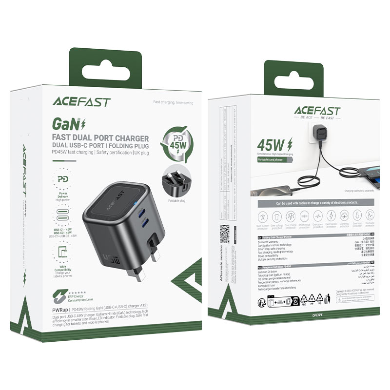 AceFast | 18500 | A121 | PD45W Folding Gan (C+C) Charger Metal | Black