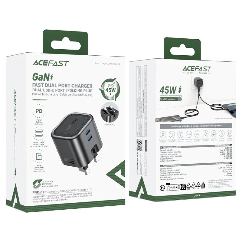 AceFast | 18500 | A121 | PD45W Folding Gan (C+C) Charger Metal | Black