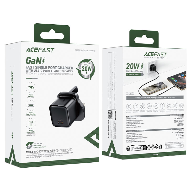 AceFast | 18492 | A123 | PD20W Gan (Usb C) Charger Display Set (P5) | UK | Black
