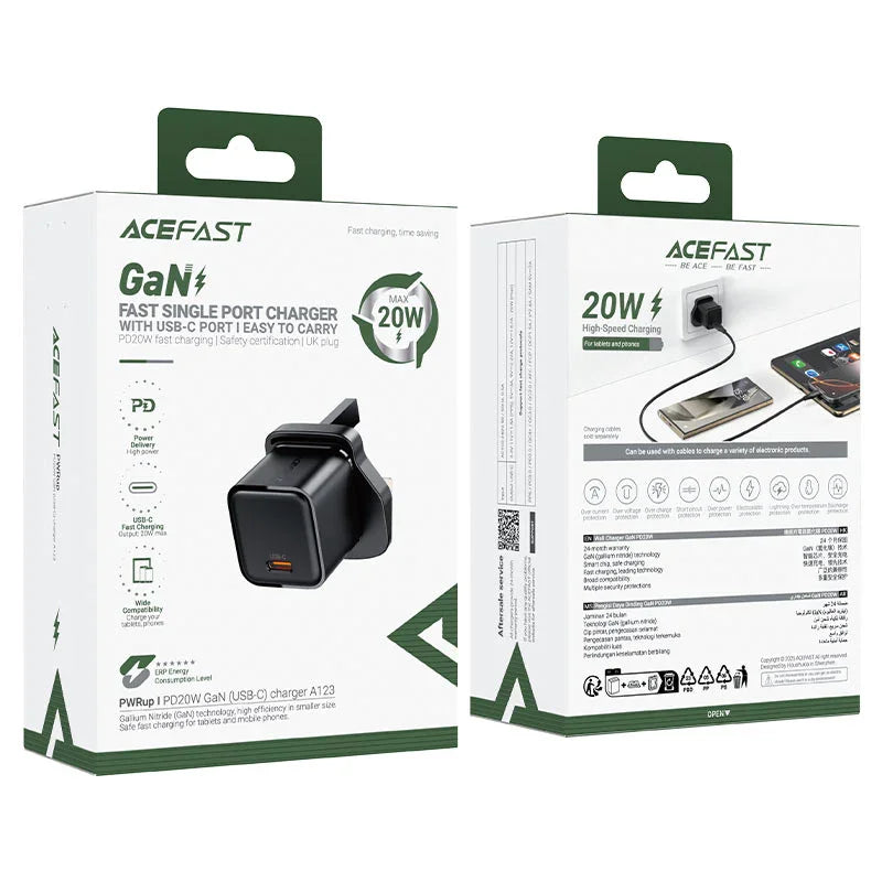AceFast | 18492 | A123 | PD20W Gan (Usb C) Charger Display Set (P5) | UK | Black