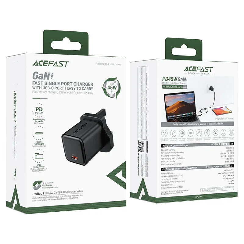 AceFast | 18495 | A125 | PD45W Gan (Usb C) Charger | UK | Black