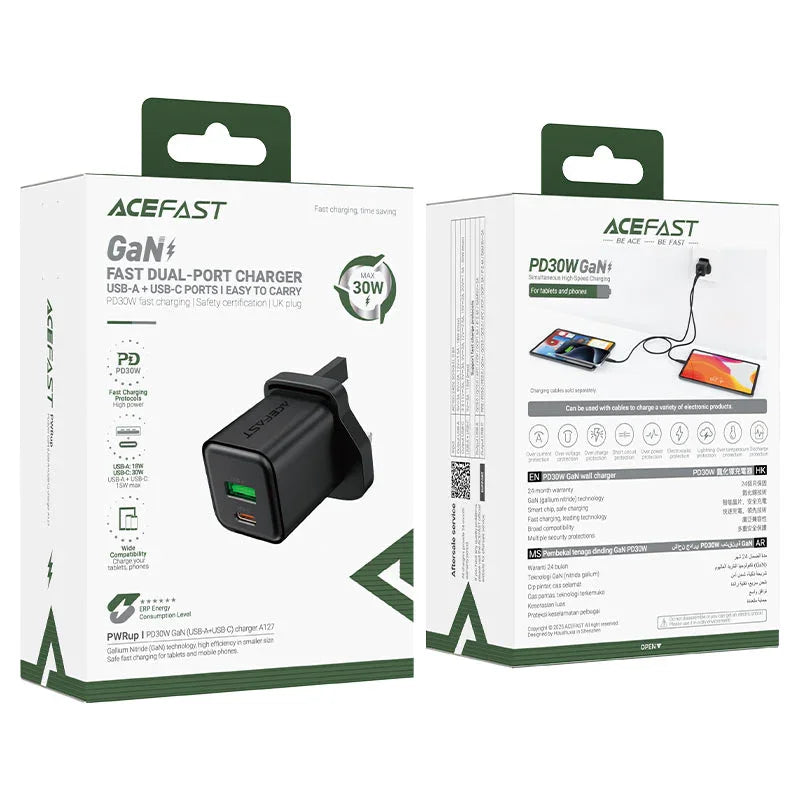 AceFast | 18493 | A127 | PD30W Gan (Usb C) Charger | UK | Black