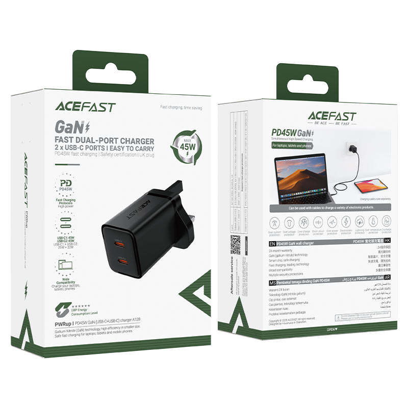AceFast | 18497 | A128 | PD45W Gan (Usb C+Usb C) Charger | UK | Black