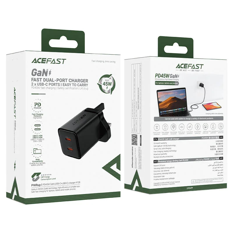 AceFast | 18497 | A128 | PD45W Gan (Usb C+Usb C) Charger | UK | Black