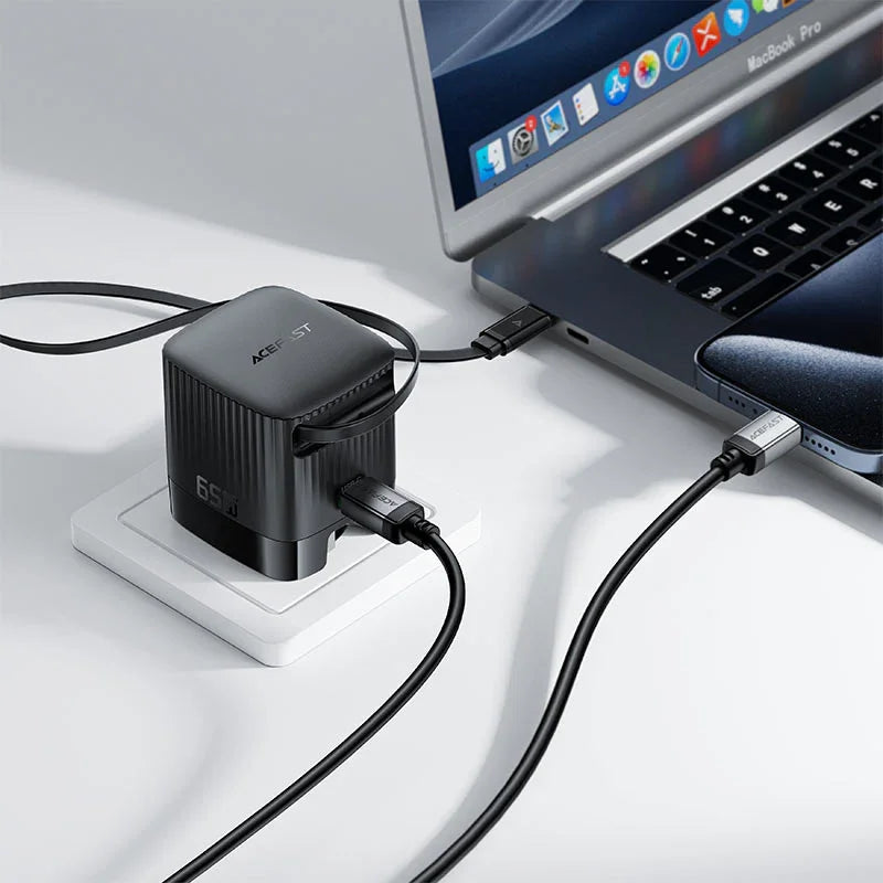 AceFast | 18502 | A129 | PD65W Folding Gan Charger (Usb C+Usb C) With Retractable Cable | UK | Black