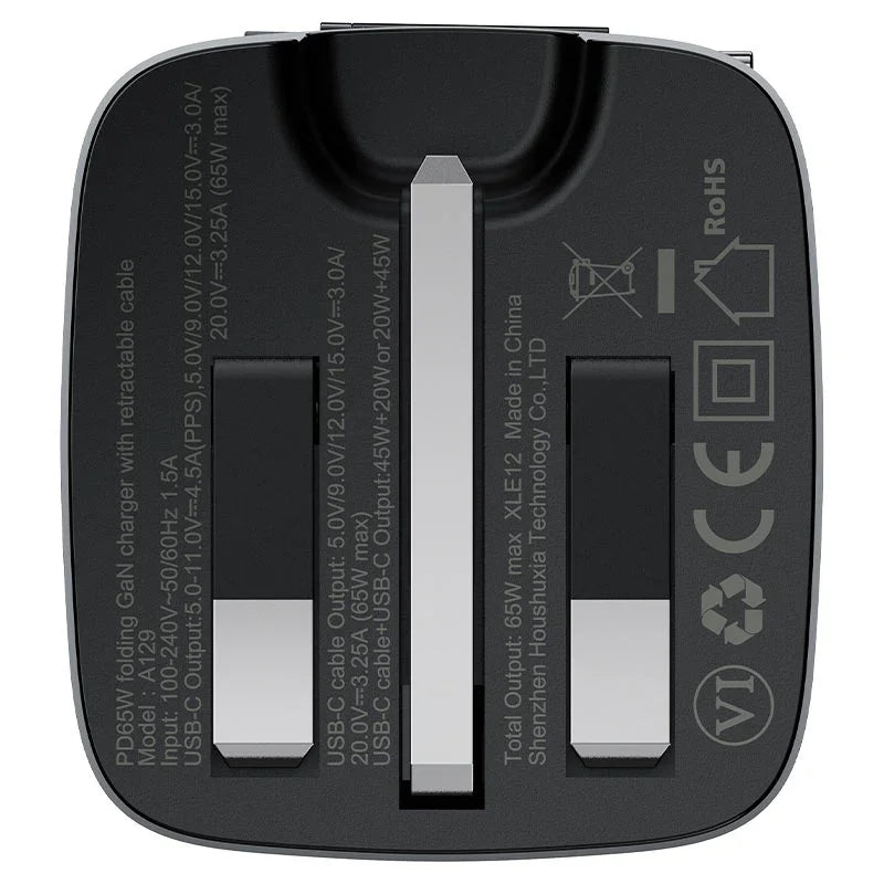 AceFast | 18502 | A129 | PD65W Folding Gan Charger (Usb C+Usb C) With Retractable Cable | UK | Black