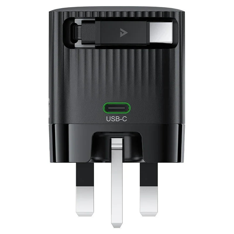 AceFast | 18502 | A129 | PD65W Folding Gan Charger (Usb C+Usb C) With Retractable Cable | UK | Black