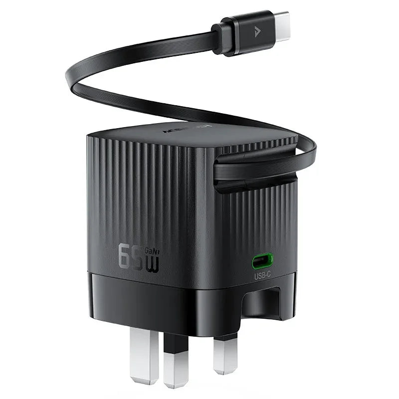 AceFast | 18502 | A129 | PD65W Folding Gan Charger (Usb C+Usb C) With Retractable Cable | UK | Black