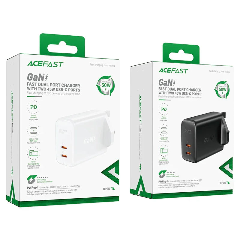 AceFast | 15873 | A32 | PD50W Gan (Usb C+Usb C) Dual Port Charger | UK | Black
