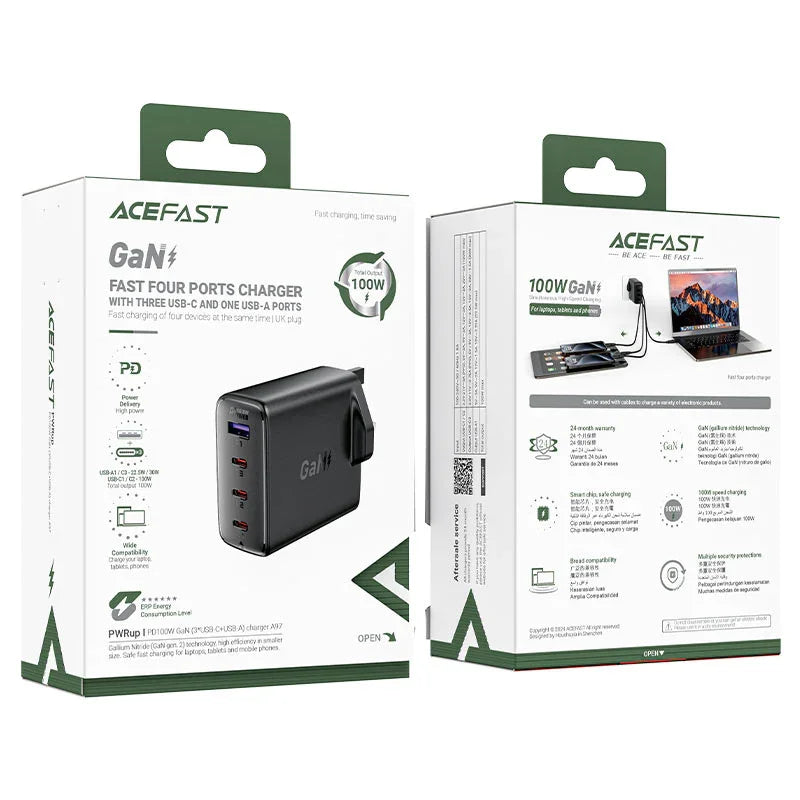 AceFast | 17300 | A97 | PD100W Gan (3*Usb C+Usb A) Charger | UK | Black