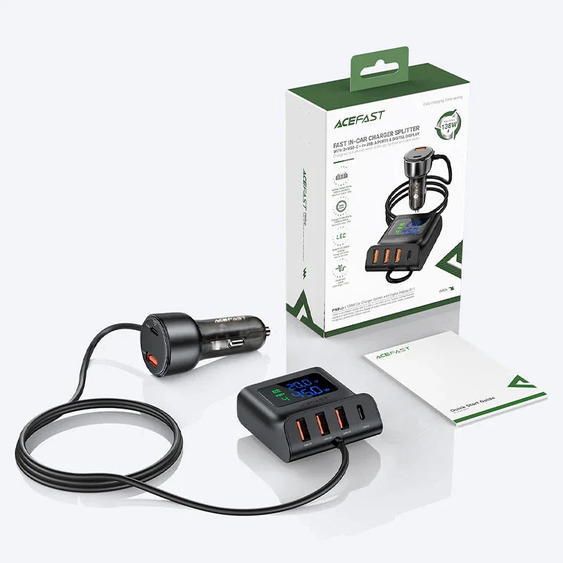 AceFast | 15877 | B11 | 138W Car Charger Splitter With Digital Display | Black