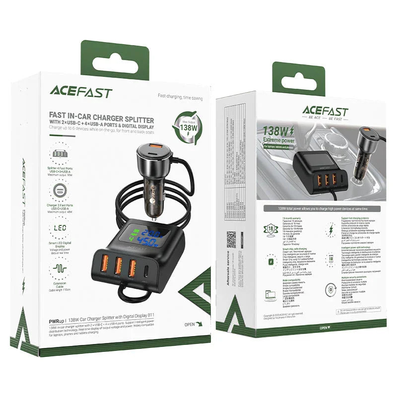 AceFast | 15877 | B11 | 138W Car Charger Splitter With Digital Display | Black