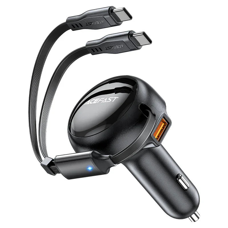 شاحن سيارة Acefast B13، 53 وات، 2xUSB-C، مع كابل قابل للسحب (أسود)