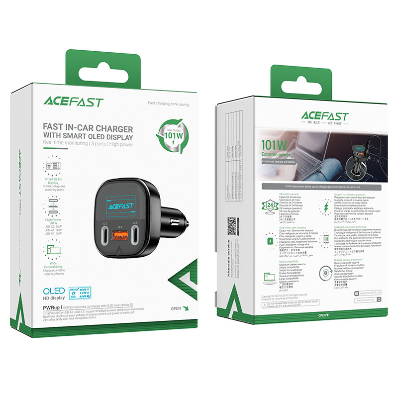 AceFast | 15881 | B5 | 101W (2C+A) Metal Car Charger With Oled Smart Display | Black