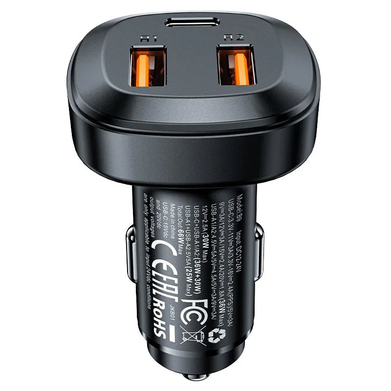AceFast | 15879 | B9 | 66W(2Usb A+Usb C) Three Port Metal Car Charger | Black