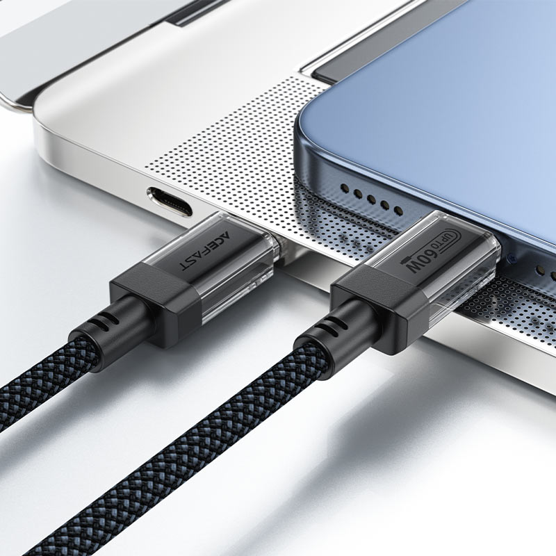 AceFast | 17945 | C12-03 | Usb C To Usb C Transparent Shell Stainless Steel Charging Data Cable | Black