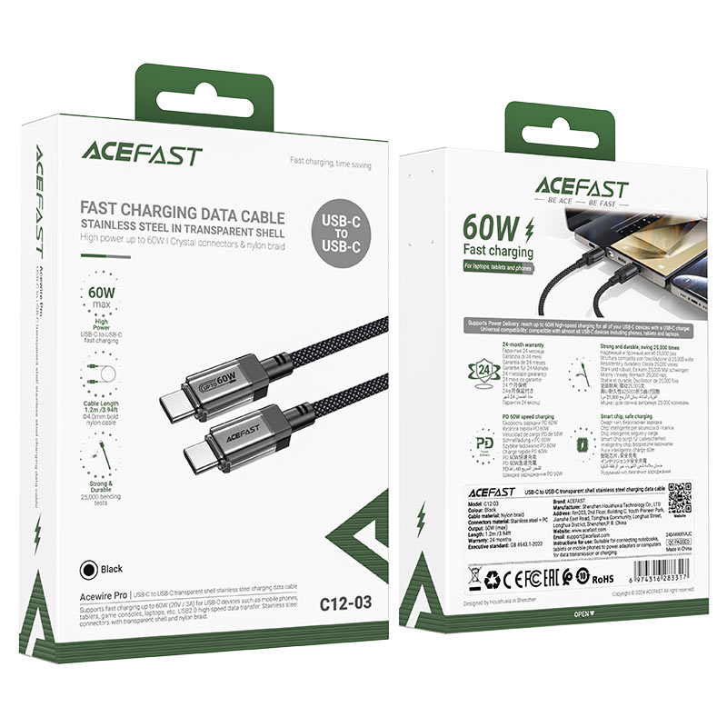 AceFast | 17945 | C12-03 | Usb C To Usb C Transparent Shell Stainless Steel Charging Data Cable | Black