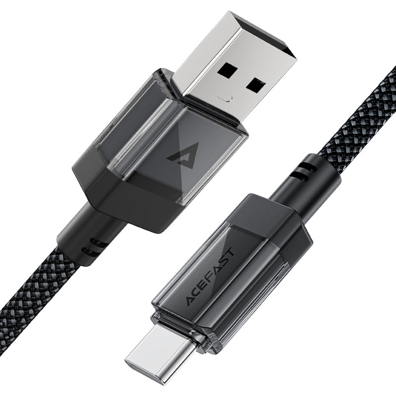 AceFast | 18477 | C12-04 | Usb A To Usb C Transparent Shell Stainless Steel Charging Data Cable | Black