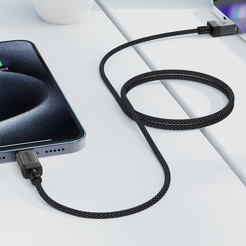 AceFast | 18477 | C12-04 | Usb A To Usb C Transparent Shell Stainless Steel Charging Data Cable | Black