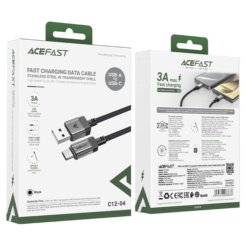 AceFast | 18477 | C12-04 | Usb A To Usb C Transparent Shell Stainless Steel Charging Data Cable | Black