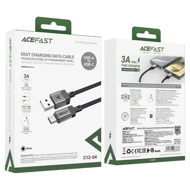 AceFast | 18477 | C12-04 | كابل شحن وبيانات من USB A إلى USB C شفاف من الفولاذ المقاوم للصدأ | أسود