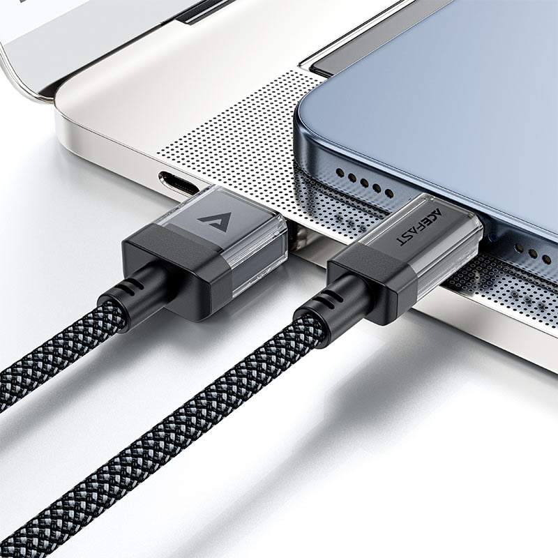 AceFast | 18477 | C12-04 | Usb A To Usb C Transparent Shell Stainless Steel Charging Data Cable | Black