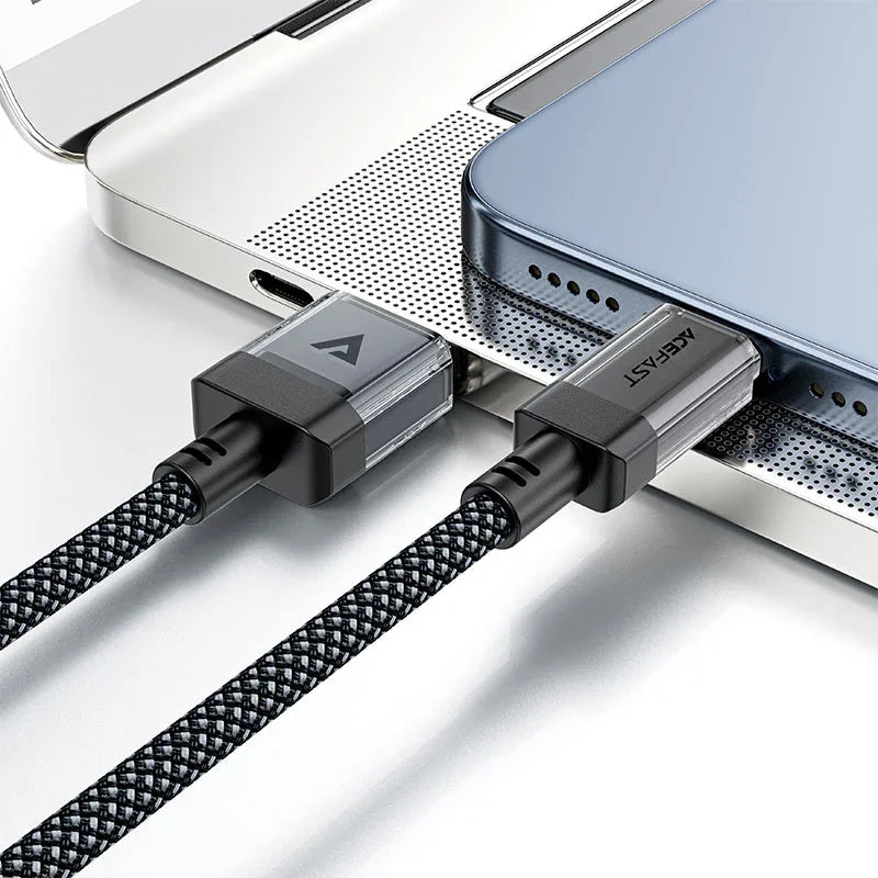 AceFast | 18477 | C12-04 | كابل شحن وبيانات من USB A إلى USB C شفاف من الفولاذ المقاوم للصدأ | أسود