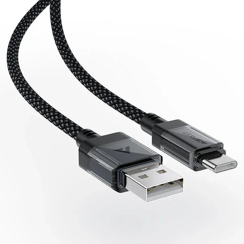 AceFast | 18477 | C12-04 | كابل شحن وبيانات من USB A إلى USB C شفاف من الفولاذ المقاوم للصدأ | أسود