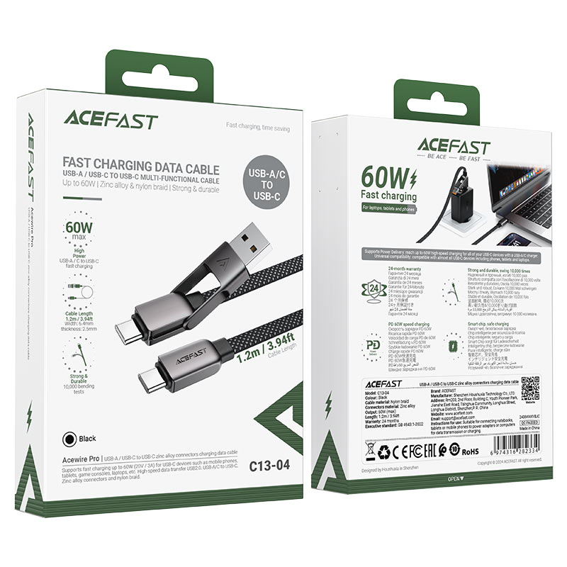 AceFast | 17964 | C13-04 | Usb A/Usb C To Usb C Zinc Alloy Connectors Charging Data Cable | Black