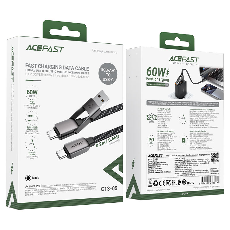 AceFast | 17965 | C13-05 | Usb A/Usb C To Usb C Short Zinc Alloy Connectors Charging Data Cable | Black