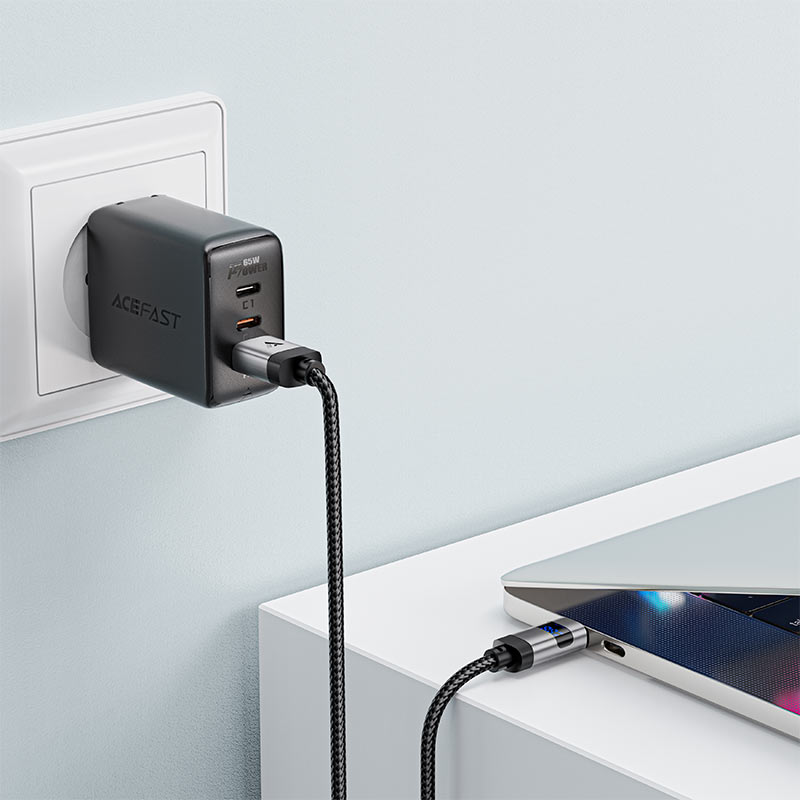 AceFast | 17957 | C15-04 | Usb A To Usb C Zinc Alloy Digital Display Braided Charging Data Cable | Black