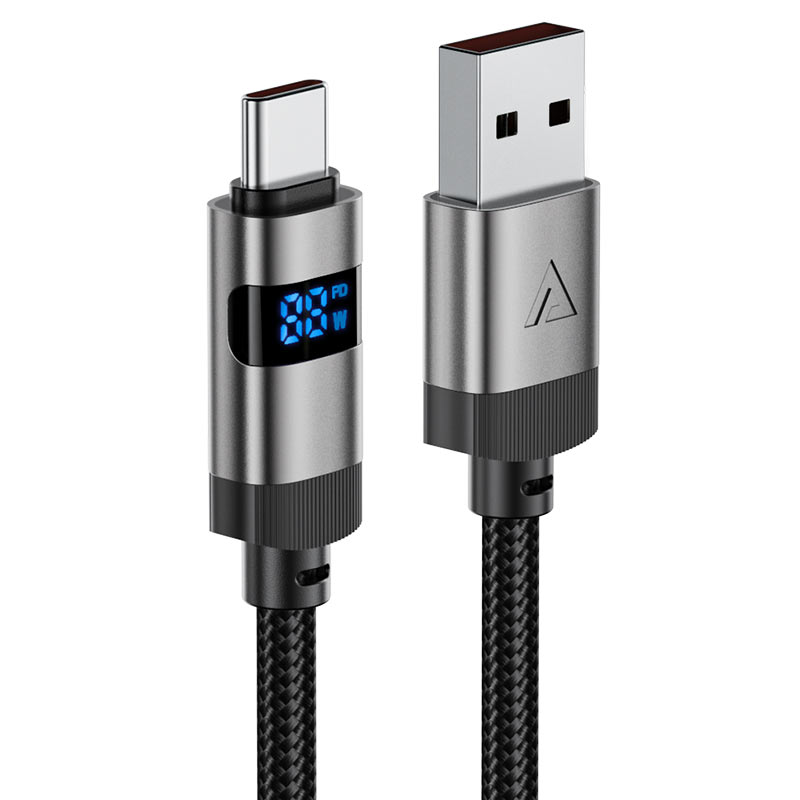 AceFast | 17957 | C15-04 | Usb A To Usb C Zinc Alloy Digital Display Braided Charging Data Cable | Black