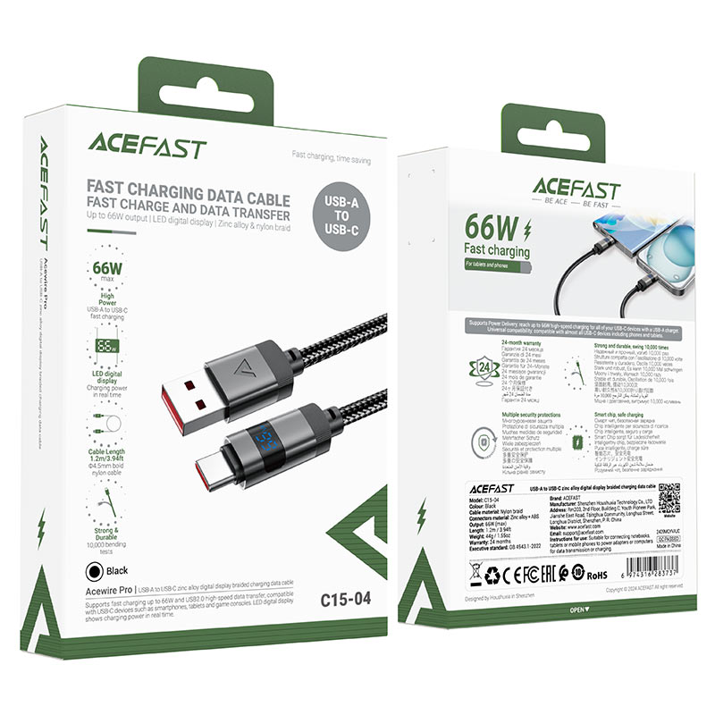 AceFast | 17957 | C15-04 | Usb A To Usb C Zinc Alloy Digital Display Braided Charging Data Cable | Black
